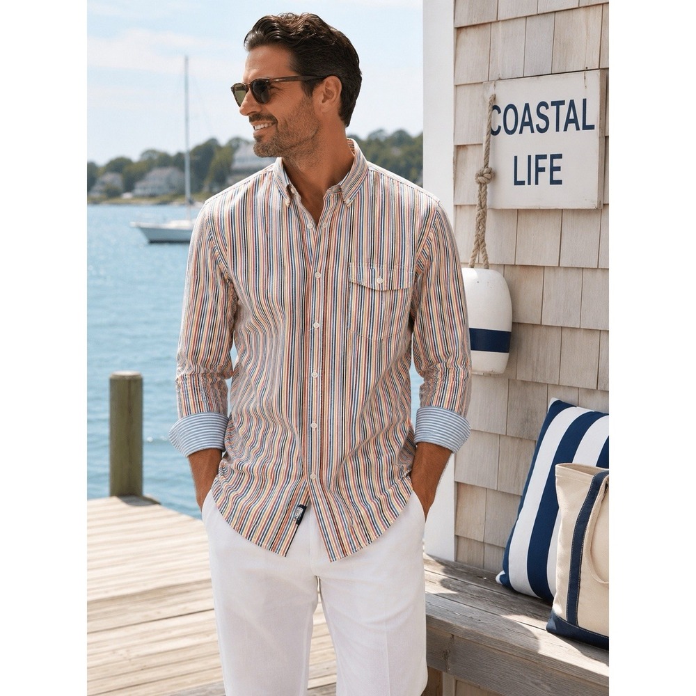 NWT Cremieux Classics Men Shirt‎ Seersucker L Multicolor Stripe Button Flip Cuff
